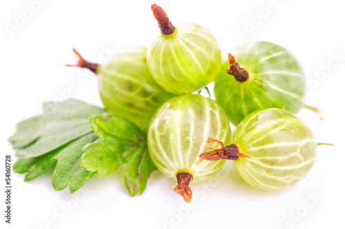 Gooseberries with leaves on white background