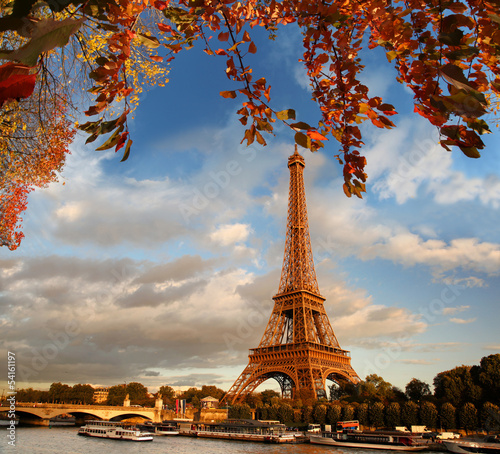 Eiffel Tower with autumn leaves in Paris, France #54161197