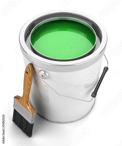 Paint can and brush isolated photo