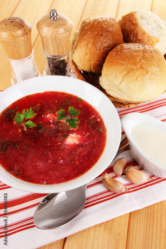 Delicious borsch on table close-up Delicious borsch on table close-up