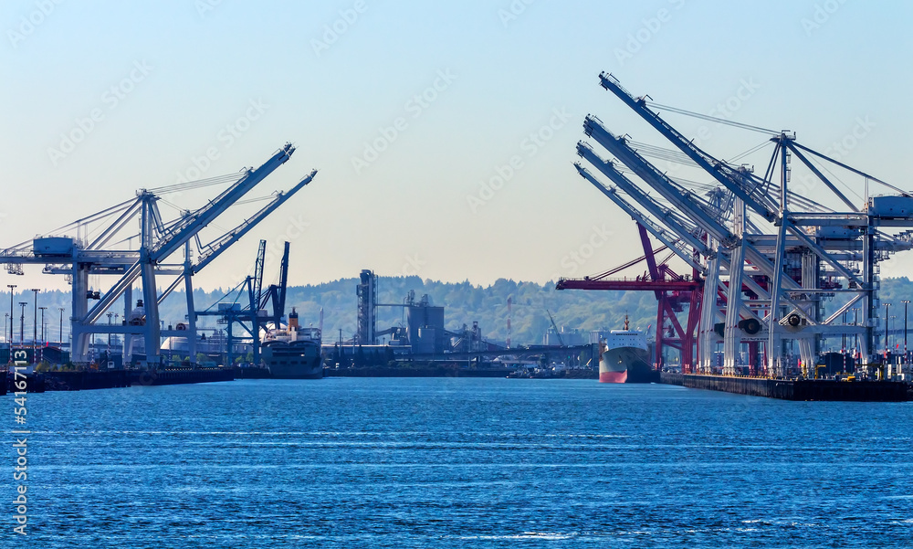 Seattle Washington Port Red White Cranes Freighters Ships