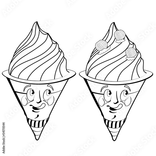Strawberry ice cream cartoon. Drawing style black on white.