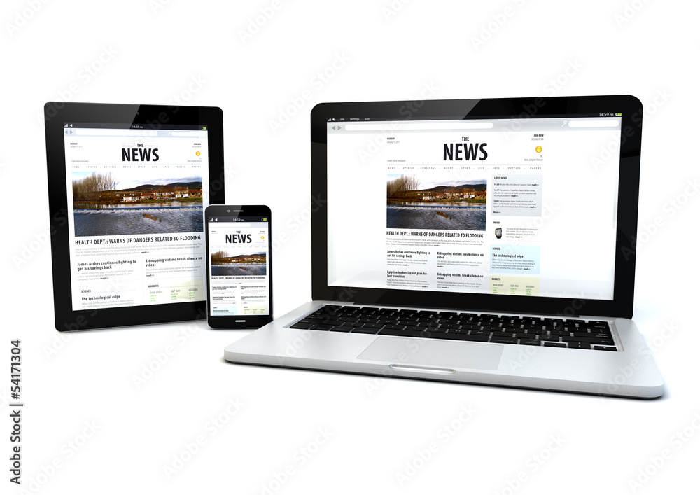 news on a tablet, laptop and phone - obrazy, fototapety, plakaty 