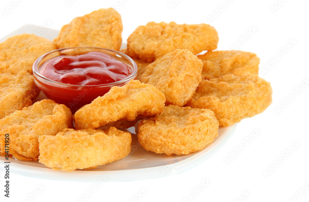 Fried chicken nuggets and sauce isolated on white Fried chicken nuggets and sauce isolated on white
