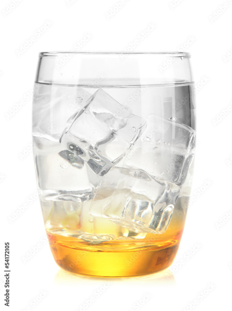 Glass with water and ice isolated on white