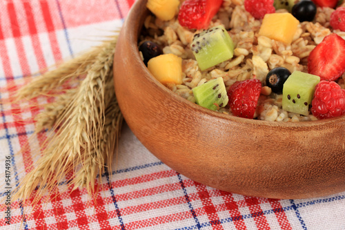 Oatmeal with fruits close-up