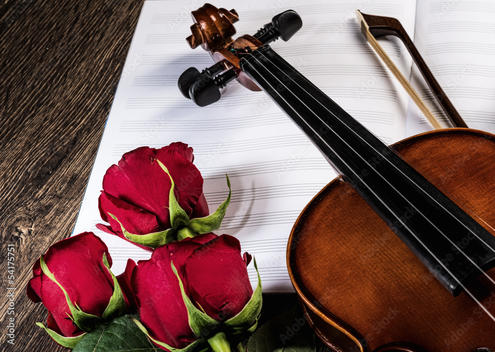 Fototapeta premium Violin, rose and music books
