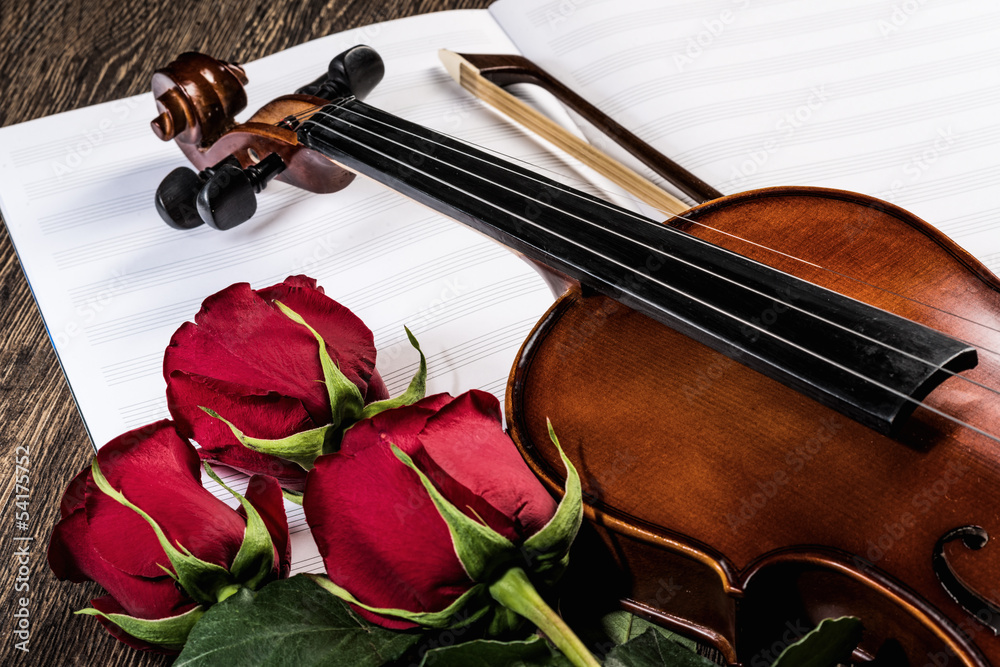 Fototapeta premium Violin, rose and music books