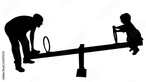 father and boy playing, seesaw, silhouette vector