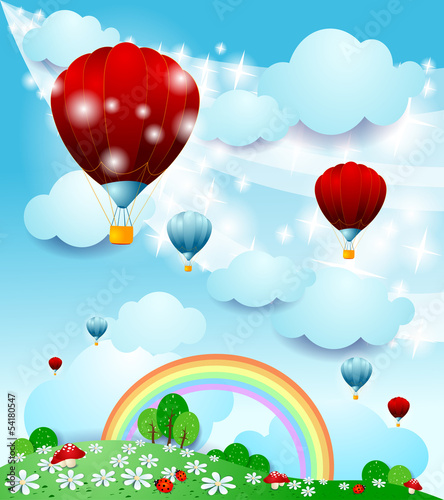Fantasy landscape with hot air balloon