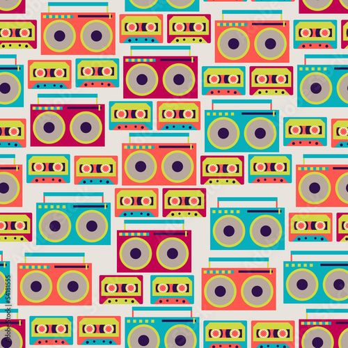 Seamless pattern with tape recorders and audio cassette.