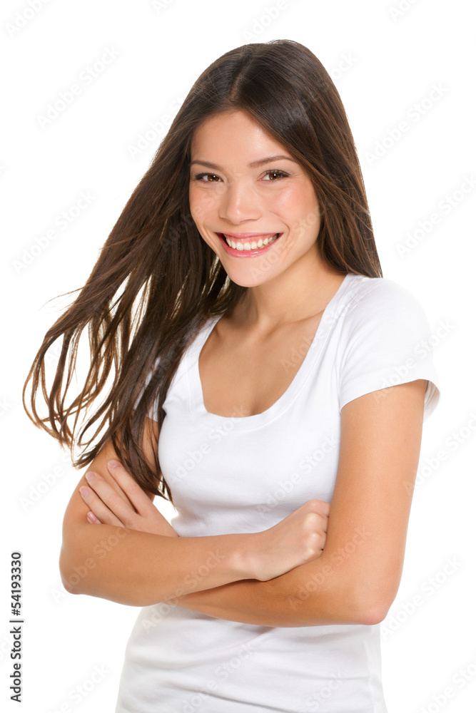 Asian woman happy candid portrait isolated on white Asian woman happy candid portrait isolated on white
