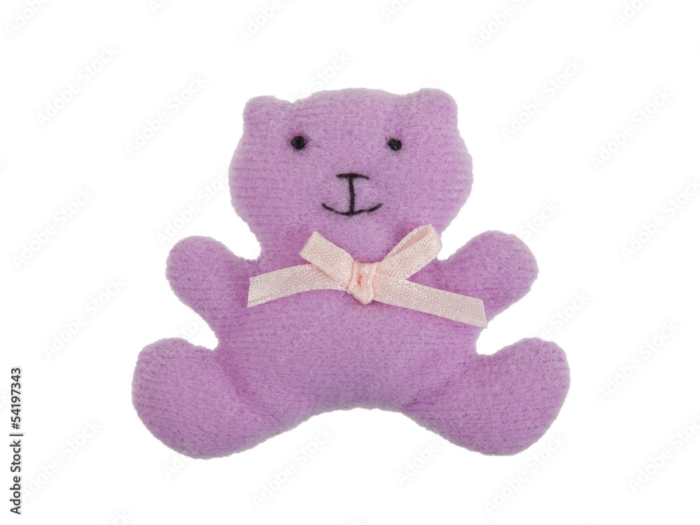 Small purple toy bear, isolated on a white background