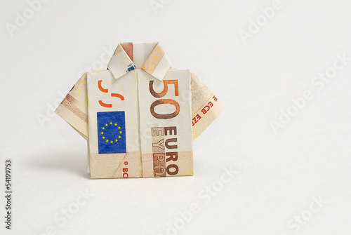 A creative origami shirt crafted from a 50 euro banknote, isolated on a white background, symbolizing wealth and innovation.