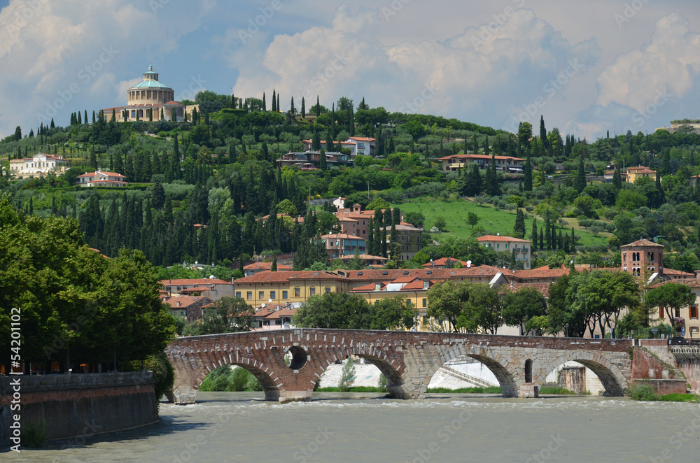 Ponte Pietra and Santuario Madonna Di Lourdes in Verona