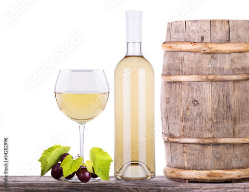 grapes on a barrel and wine glass