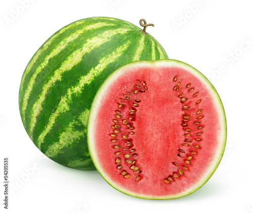 Isolated watermelon. Whole watermelon fruit and a half isolated on white background