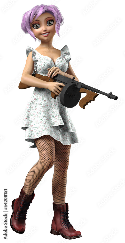 Frau mit Kleid und Stiefeln hält Maschinengewehr