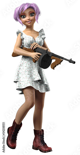 Frau mit Kleid und Stiefeln hält Maschinengewehr photo