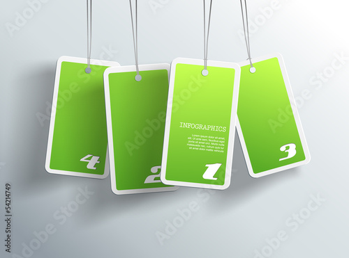 Four hanging green cards. You can place your own text on each ca