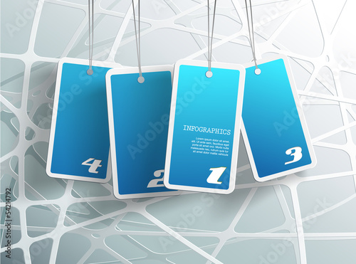 Four hanging blue cards. You can place your own text on each car