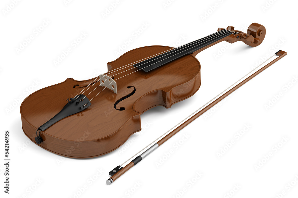Fototapeta premium brown violin with bow isolated on white background