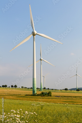 Wind engines with wild meadow and wheat field