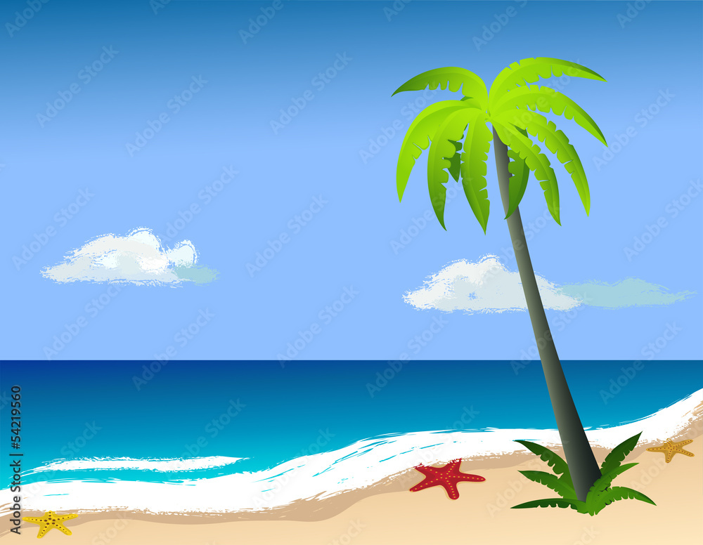 Palm tree on the beach, starfish on the sand. Vector image.