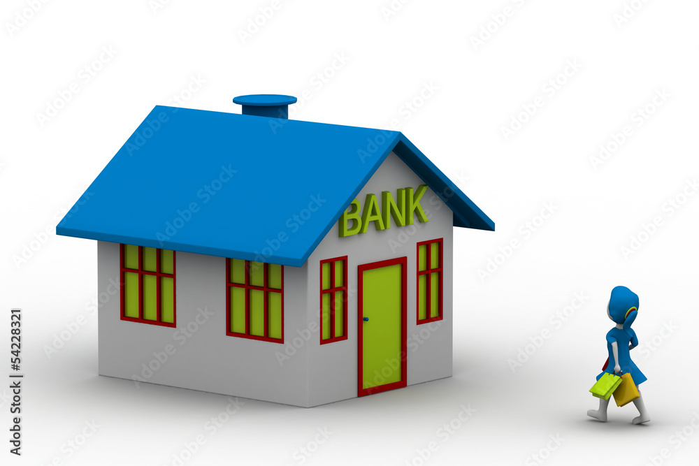 3D girl walking towards bank 3D girl walking towards bank