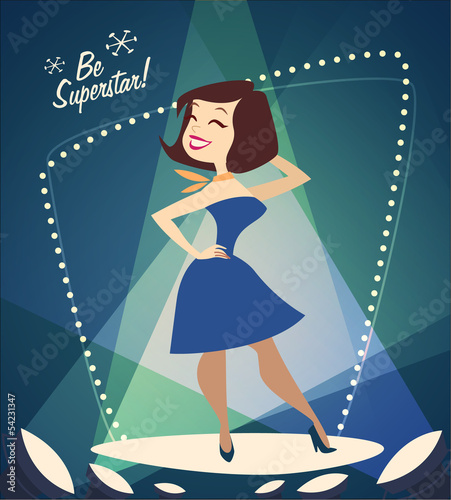 Smiling girl on the podium. Vector retro styled illustration.