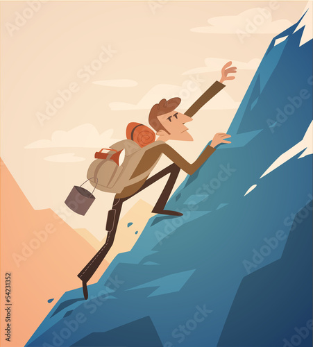 Climbing up the hill. Vector retro styled illustration.