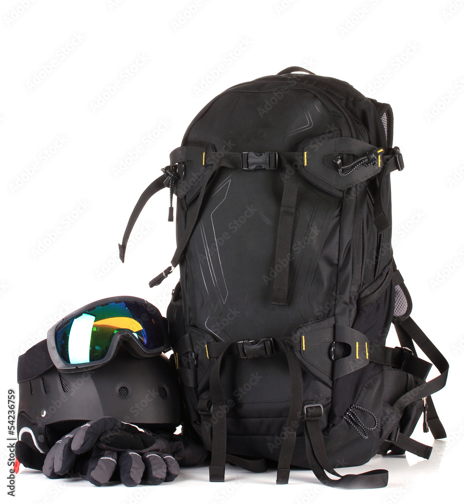 Winter sport glasses, helmet and gloves, backpack, isolated Winter sport glasses, helmet and gloves, backpack, isolated
