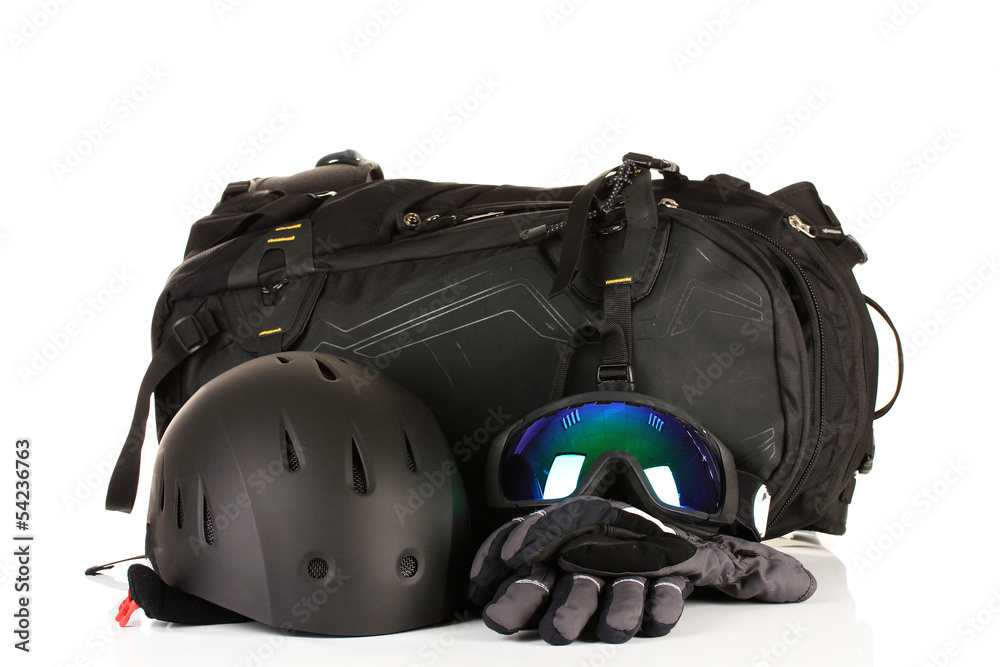 Winter sport glasses, helmet and gloves, backpack, isolated Winter sport glasses, helmet and gloves, backpack, isolated