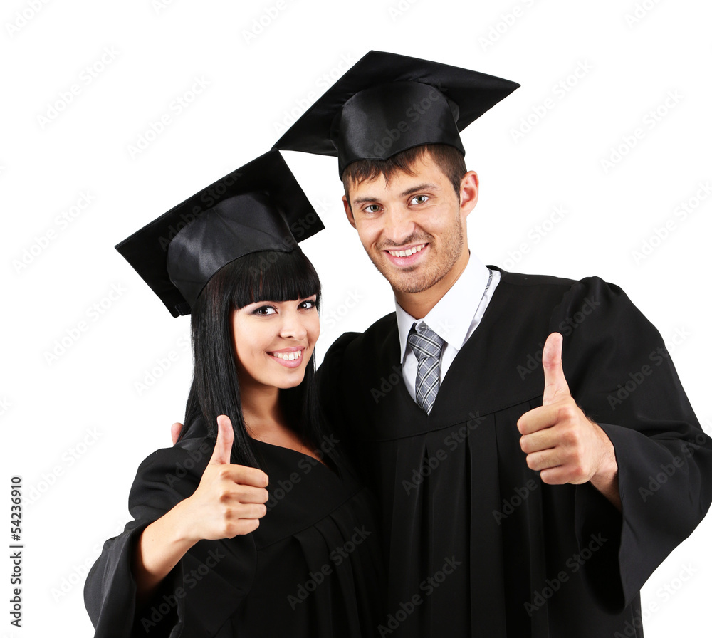 Two happy graduating students isolated on white Two happy graduating students isolated on white