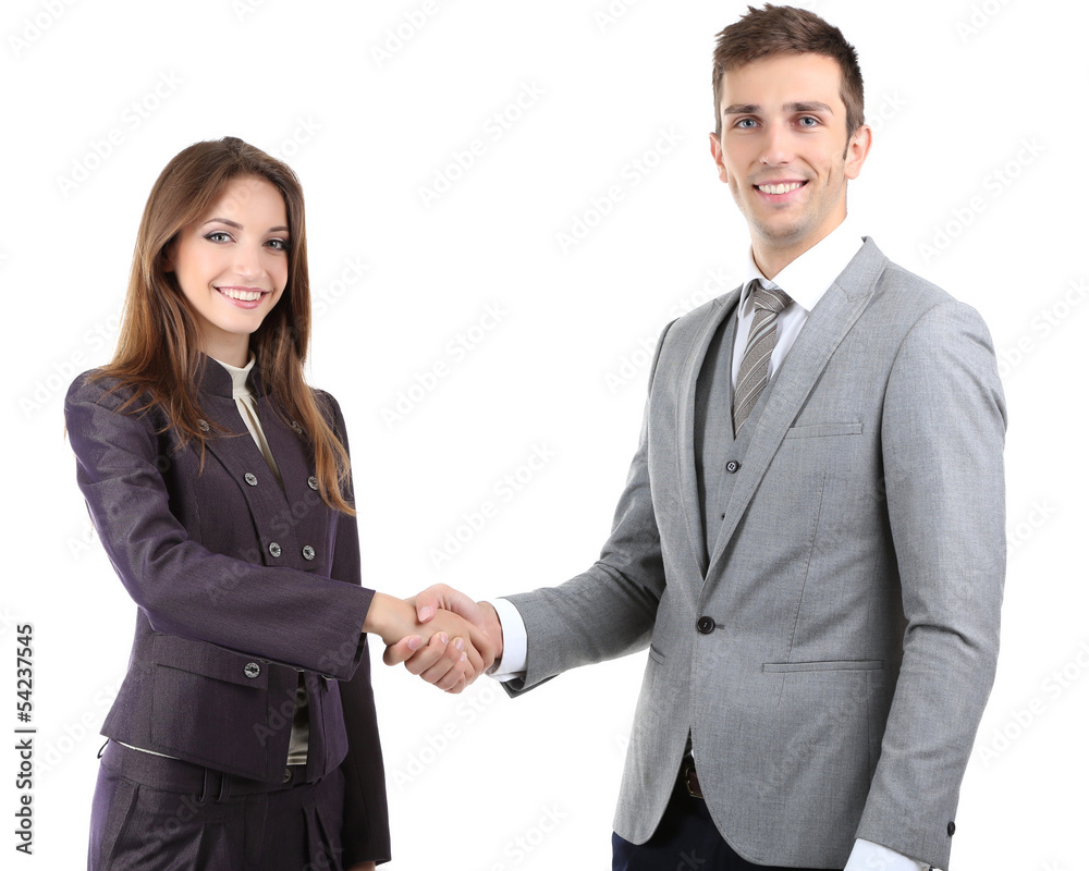 Business colleagues shaking hands isolated on white Business colleagues shaking hands isolated on white