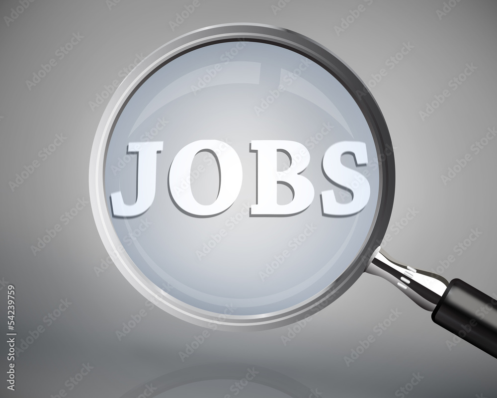 Magnifying glass showing jobs word in white Magnifying glass showing jobs word in white