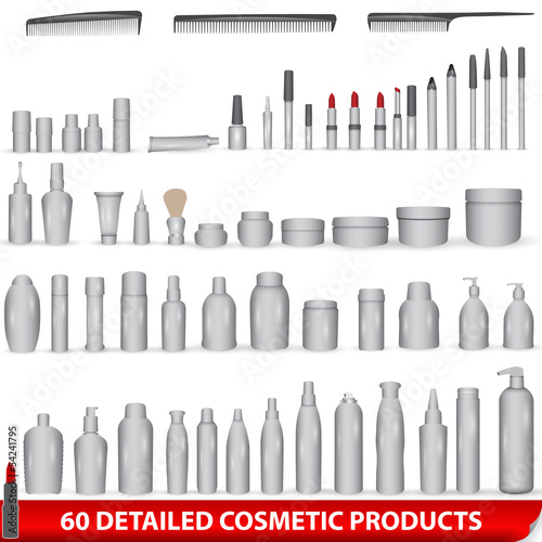 Large set of white, blank cosmetic product packages