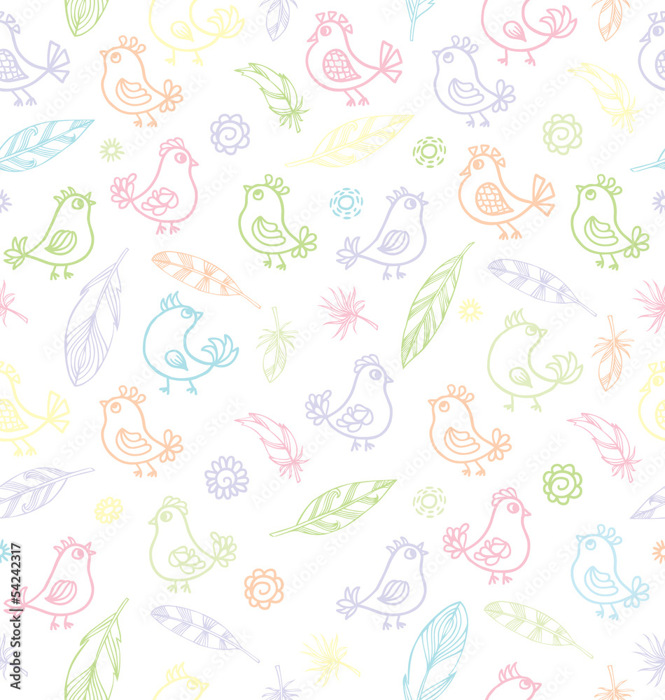 Seamless texture with flowers, feathers and birds. Endless flora