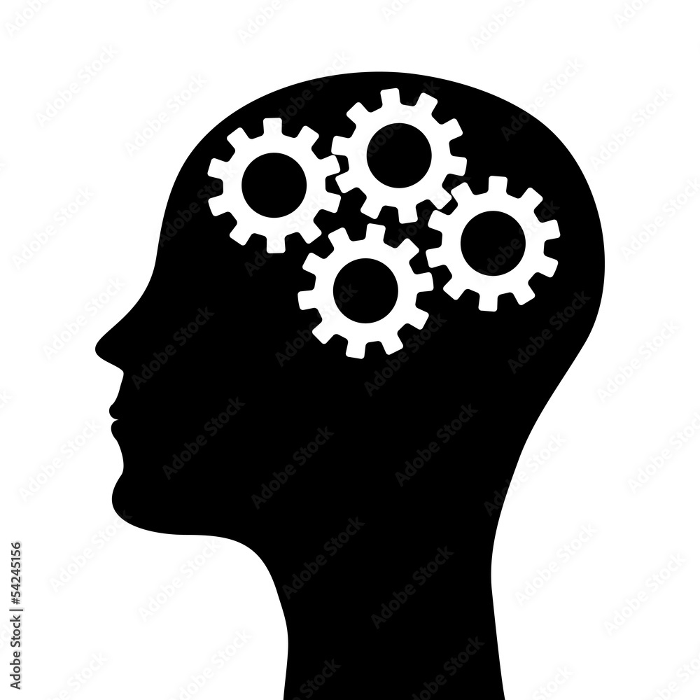 silhouette of a man's head with a picture of the mechanism silhouette of a man's head with a picture of the mechanism
