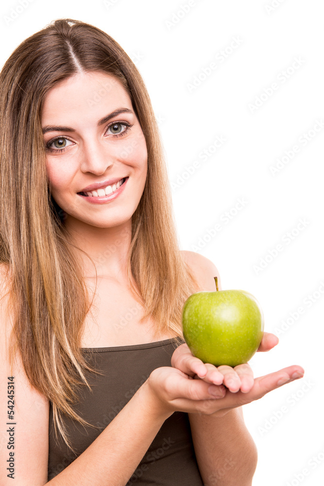 Portrait of a young woman eating green apple Portrait of a young woman eating green apple