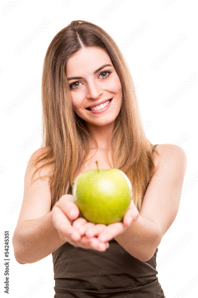 Portrait of a young woman eating green apple Portrait of a young woman eating green apple