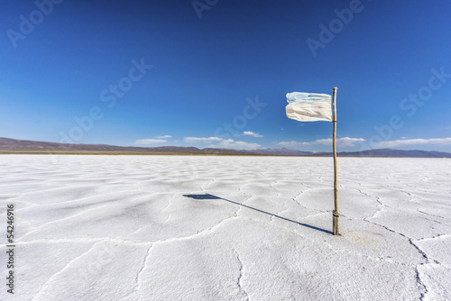 Flag on the Salinas Grandes in Jujuy, Argentina. photo