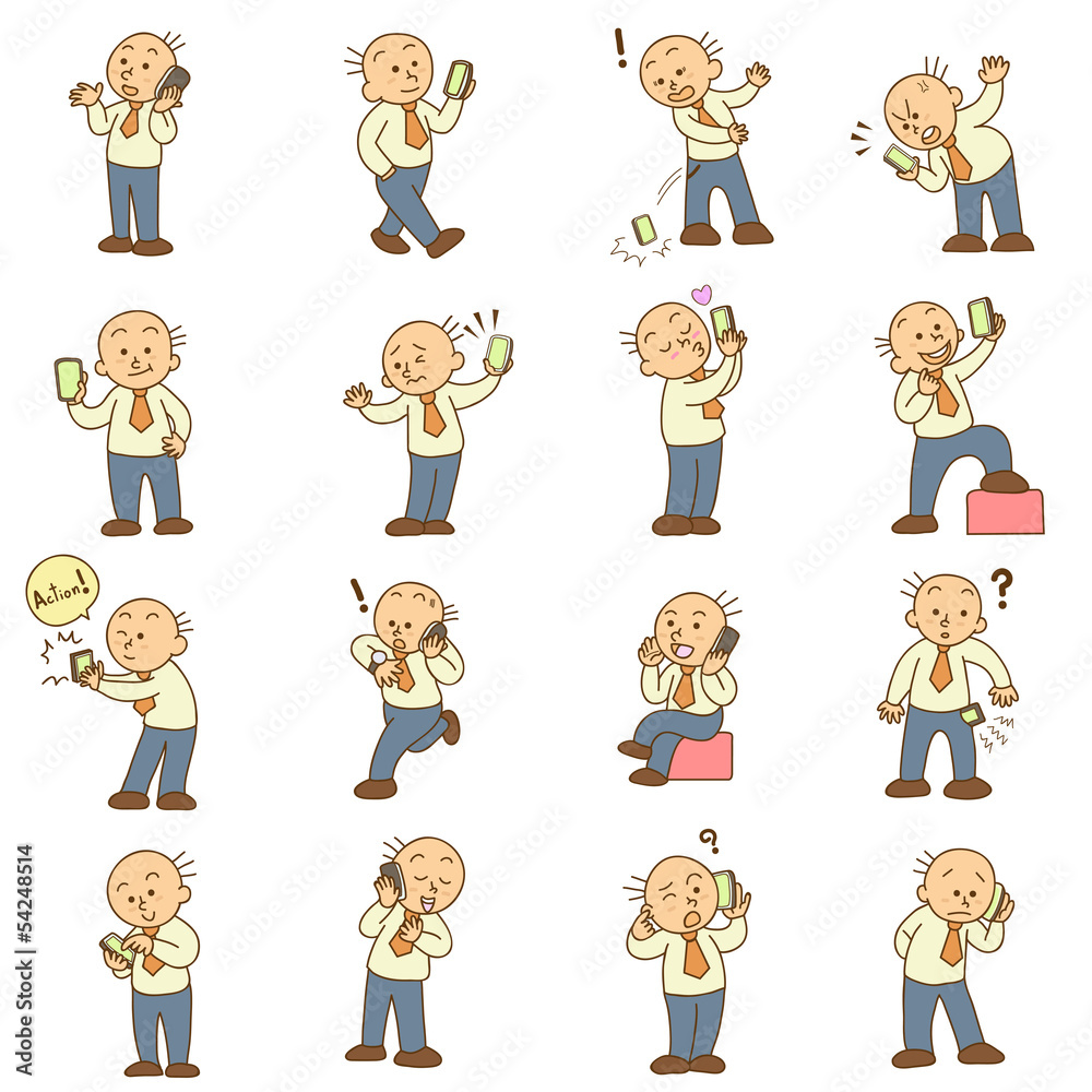 set of funny cartoon man and mobile phone set of funny cartoon man and mobile phone