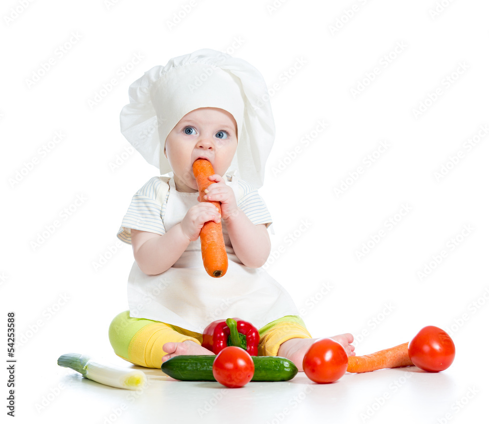 cook baby girl eating healthy food isolated on white cook baby girl eating healthy food isolated on white