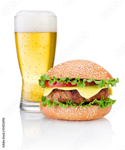 Hamburger and Glass of beer isolated on white background