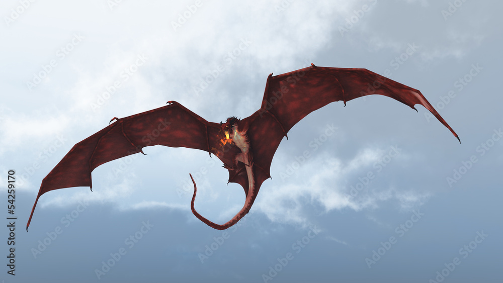 Naklejka premium Red Dragon Attacking from a Cloudy Sky