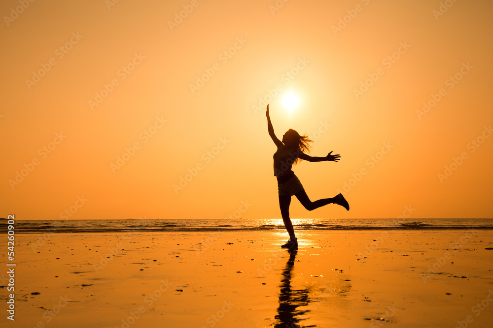 abstract silhouette of happy young jumping girl, healthy life