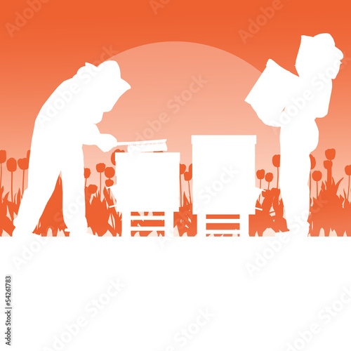 Beekeeper working in apiary vector background landscape