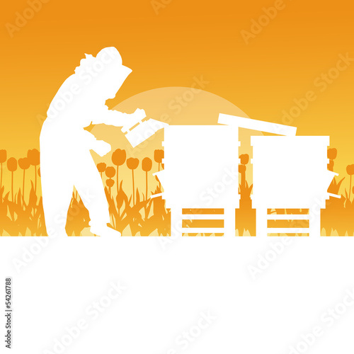 Beekeeper working in apiary vector background landscape