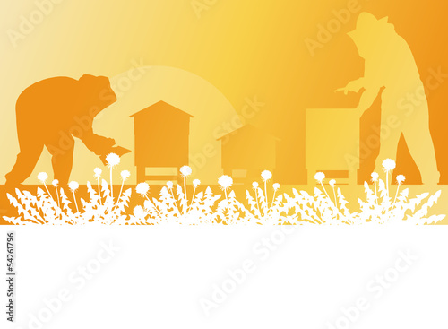 Beekeeper working in apiary vector background landscape